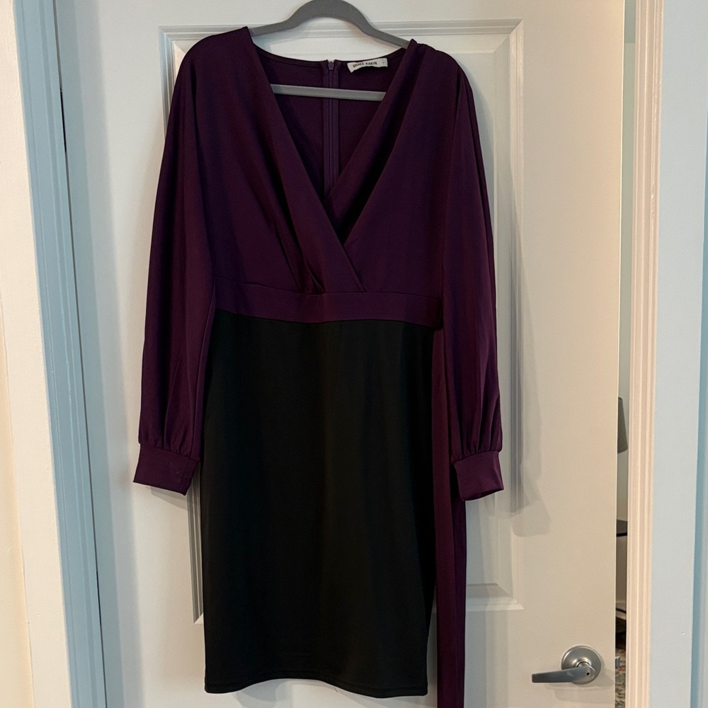 Grace Karin Purple and Black V-Neck Wrap Long Sleeve Dress